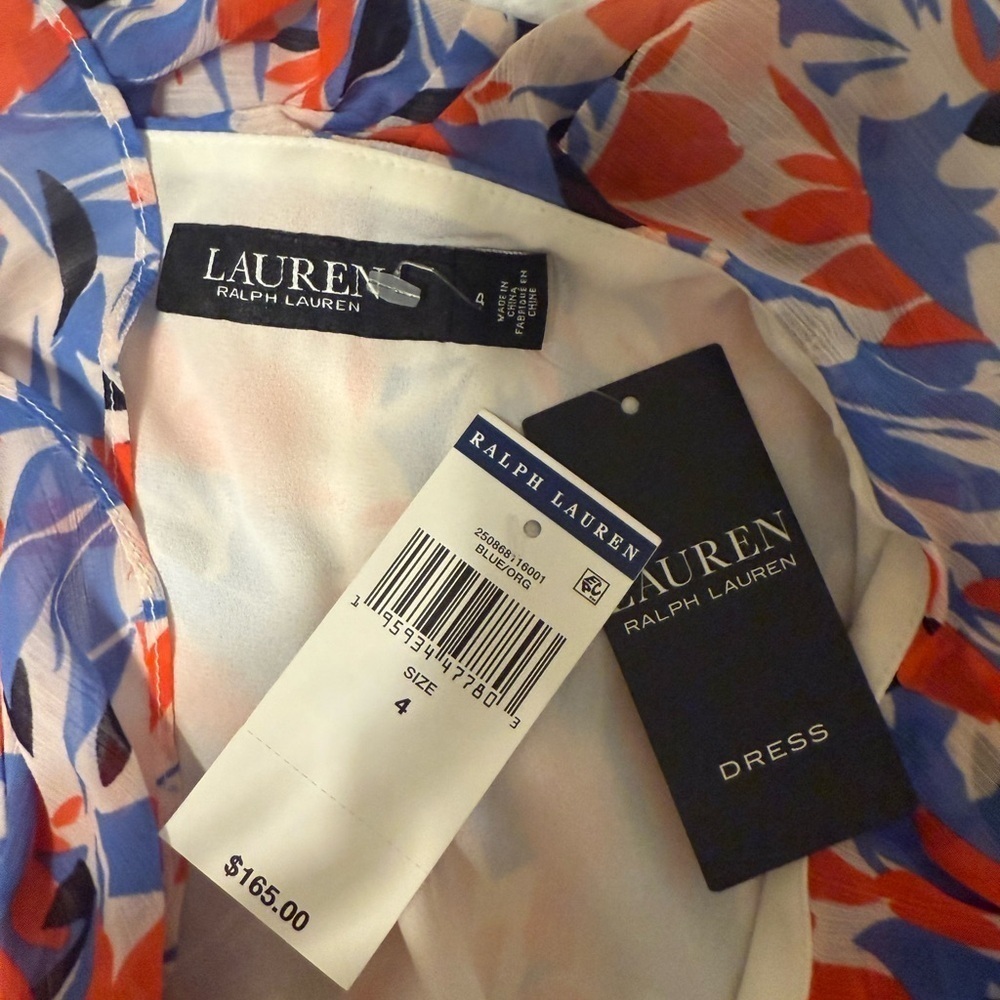 NWT LAUREN RALPH LAUREN CRINKLED GEORGETTE DRESS FLORAL BLUE RED WHITE SIZE 4 - Picture 4 of 8